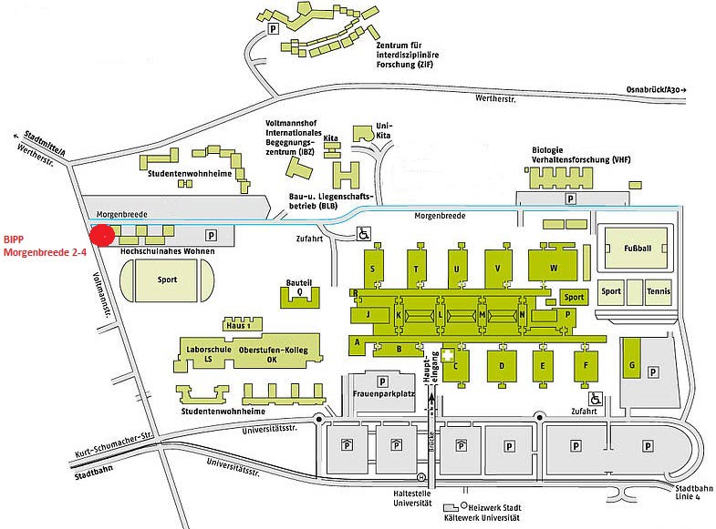 Lageplan mit Bipp Standort undr Universität mit den umliegenden Zufahrtsstraßen