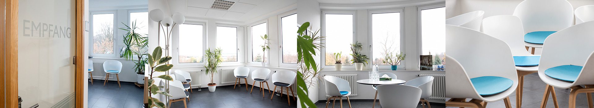 4 Fotos zeigen die Räumlichkeiten des BIPP mit mehreren weißen Stühle, blauen Kissen und Blumen.